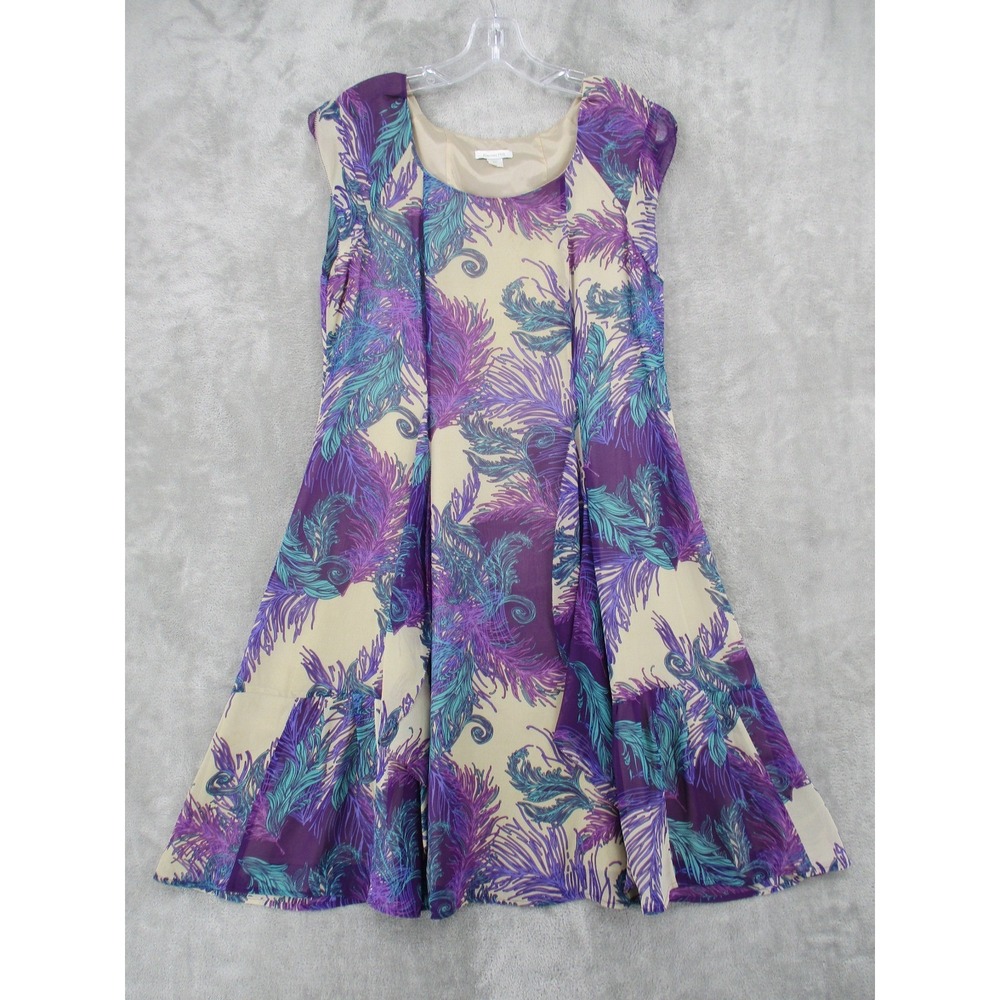 Garnet Hill Dress Womens 10 Petite Silk Feather Print A Line Chiffon Boho Fairy